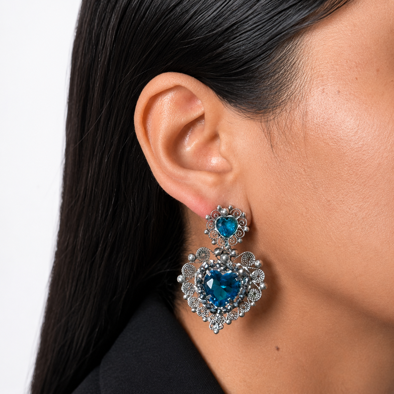 Aretes Filigrana Corazón Doble 5 cm con Circonia Azul Claro y Piedra Gris Hematite Distintos Colores Hecho a Mano Plata .925 Oxidado (Copia)