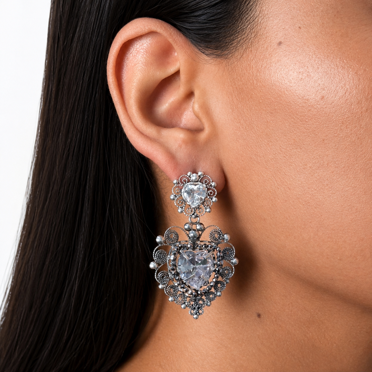 Aretes Filigrana Corazón Doble 5 cm con Circonia y Piedra Gris Hematite Distintos Colores Hecho a Mano Plata .925 Oxidado