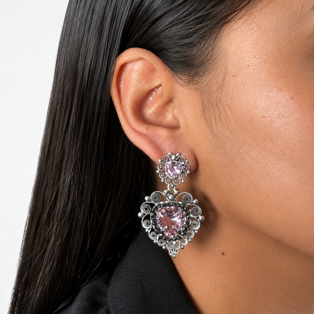 Aretes Filigrana Corazón Doble 5 cm con Circonia Rosa Claro y Piedra Gris Hematite Distintos Colores Hecho a Mano Plata .925 Oxidado