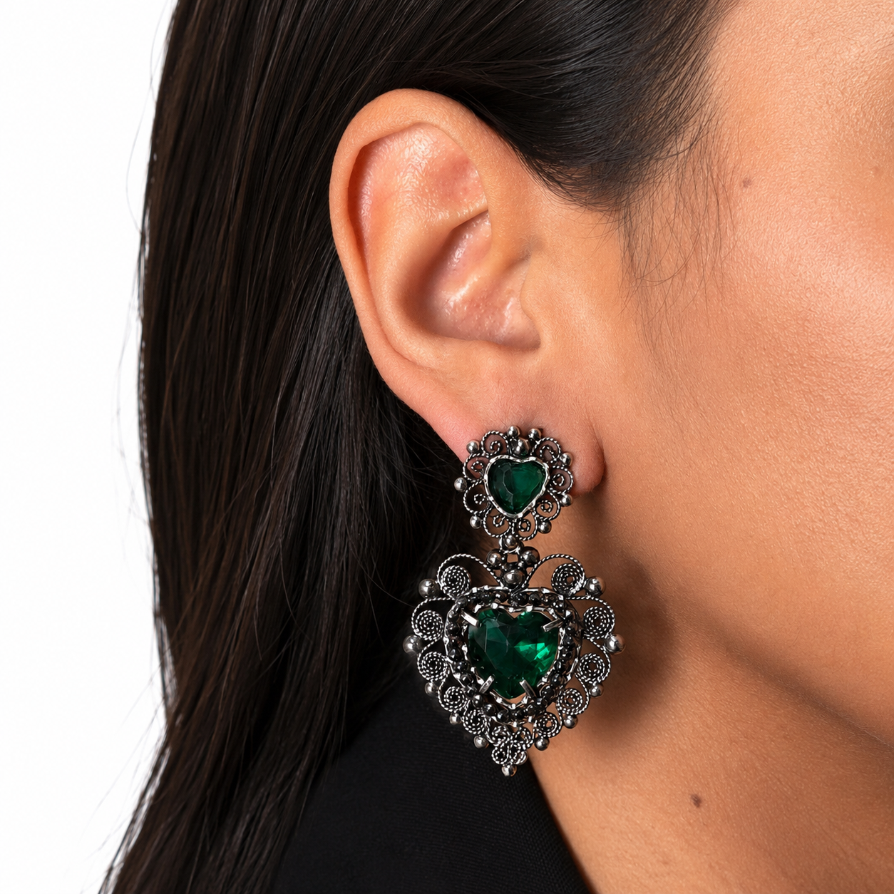 Aretes Filigrana Corazón Doble 5 cm con Circonia Verde y Piedra Gris Hematite Distintos Colores Hecho a Mano Plata .925 Oxidado