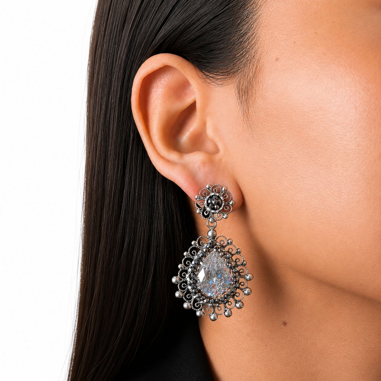 Aretes Filigrana Gota y Circulo 5cm con Circonia y Piedra Gris Hematite Hecho a Mano Plata .925 Oxidado