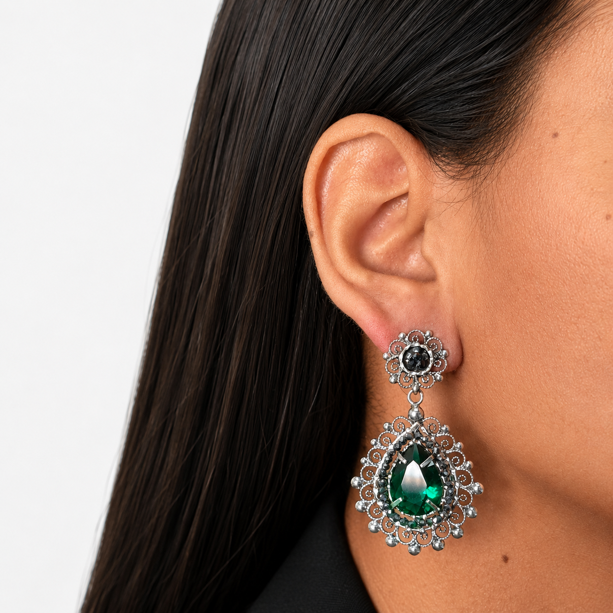 Aretes Filigrana 5 cm Gota y Circulo con Circonia Verde y Piedra Gris Hematite Hecho a Mano Plata .925 Oxidado (Copia) (Copia)