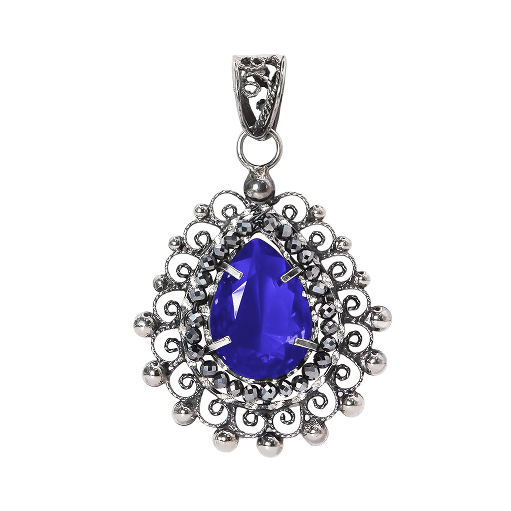 Dije Filigrana Gota 5 cm con Circonia Azul y Piedra Gris Hematite Distintos Colores Hecho a Mano Plata .925 Oxidado