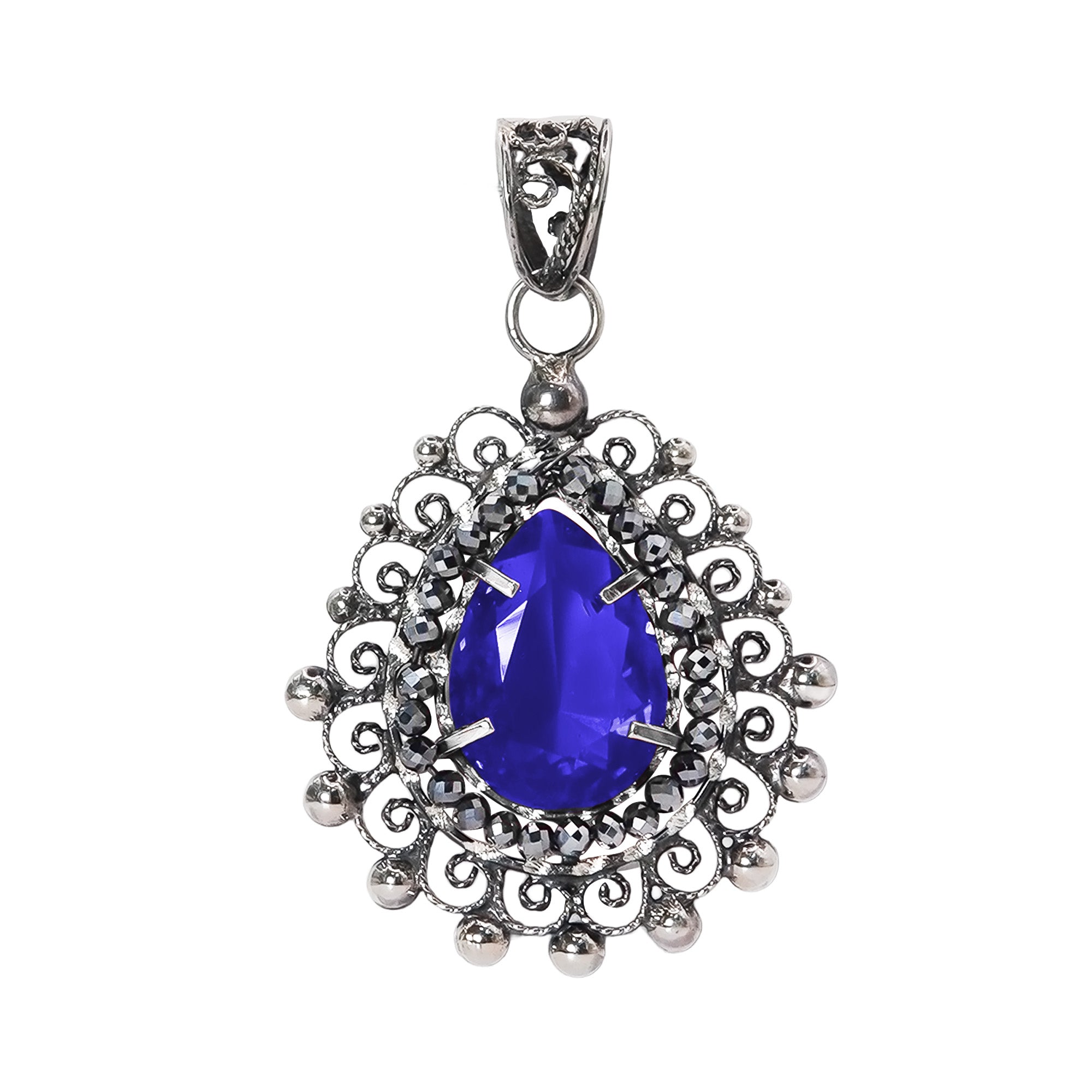 Dije Filigrana Gota 5 cm con Circonia Azul y Piedra Gris Hematite Distintos Colores Hecho a Mano Plata .925 Oxidado