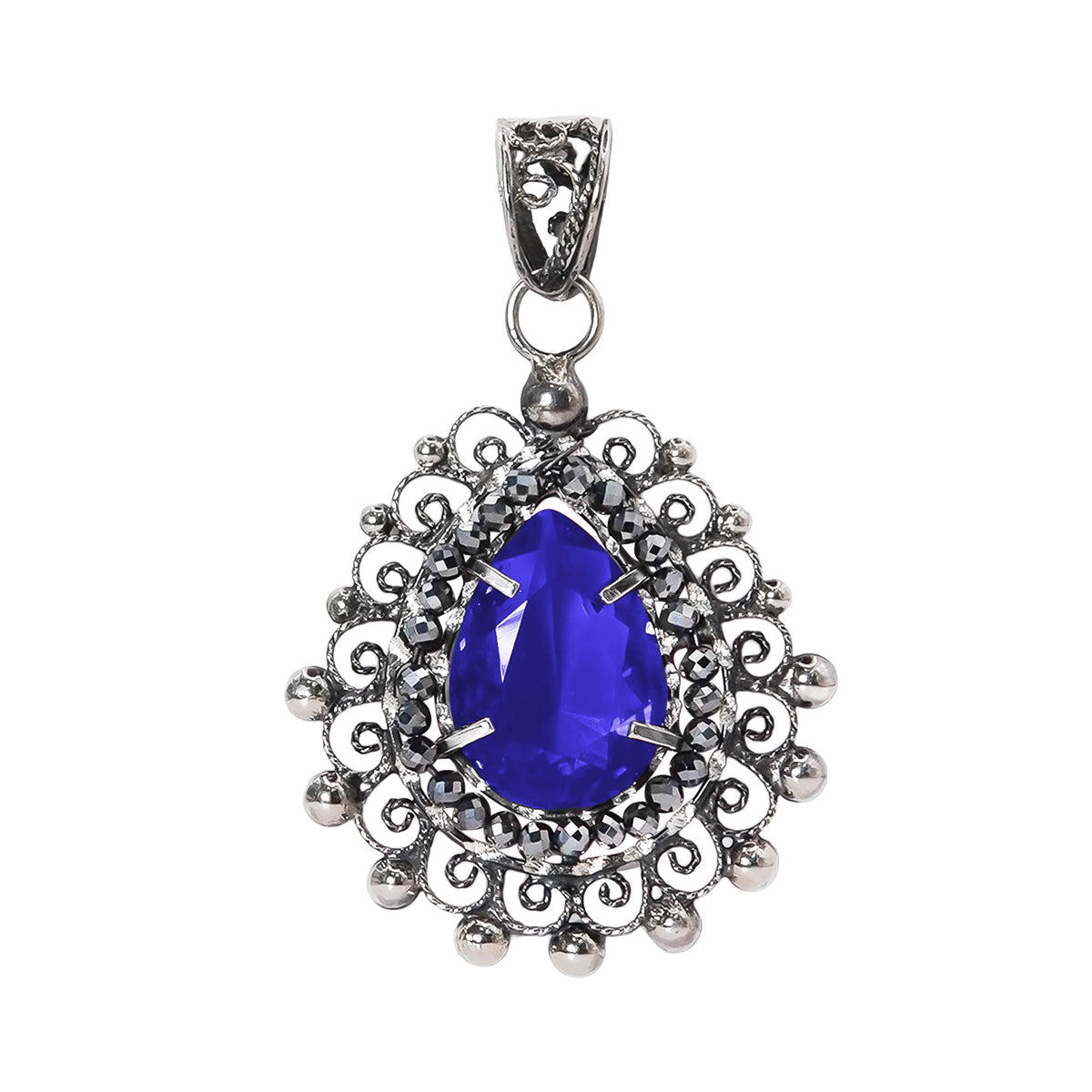 Dije Filigrana Gota 5 cm con Circonia Azul y Piedra Gris Hematite Distintos Colores Hecho a Mano Plata .925 Oxidado