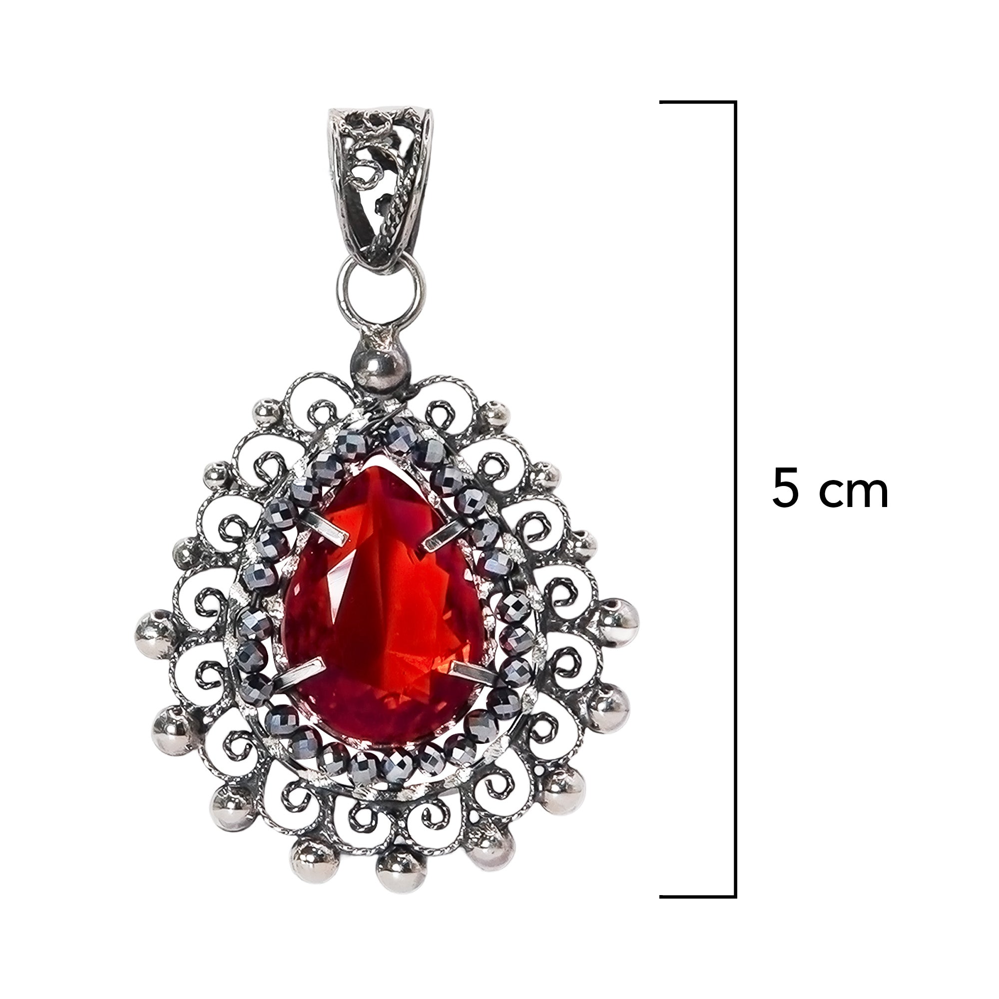 Dije Filigrana Gota 5 cm con Circonia Roja y Piedra Gris Hematite Distintos Colores Hecho a Mano Plata .925 Oxidado