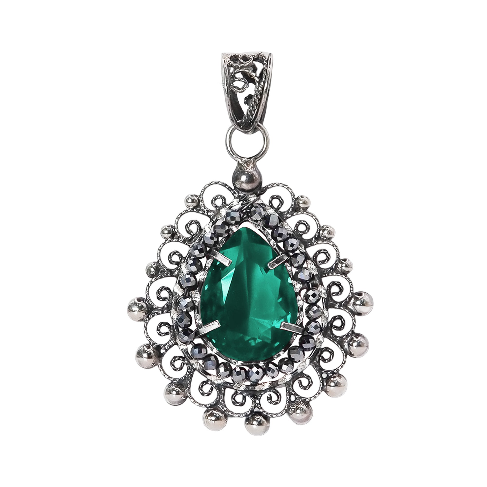 Dije Filigrana Gota 5cm con Circonia Verde y Piedra Gris Hematite Distintos Colores Hecho a Mano Plata .925 Oxidado