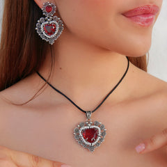 Dije Filigrana Corazón 5.3 cm Circonia Rosa Claro y Piedra Gris Hematite, Hecho a Mano Plata .925 Oxidado