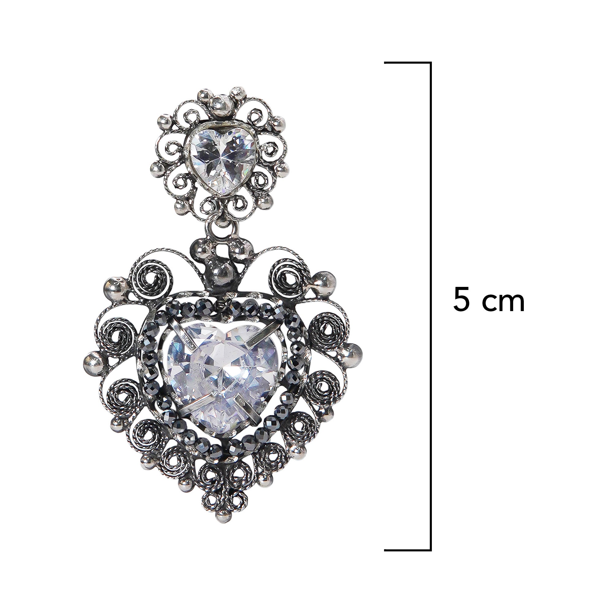 Aretes Filigrana Corazón Doble 5 cm con Circonia y Piedra Gris Hematite Distintos Colores Hecho a Mano Plata .925 Oxidado
