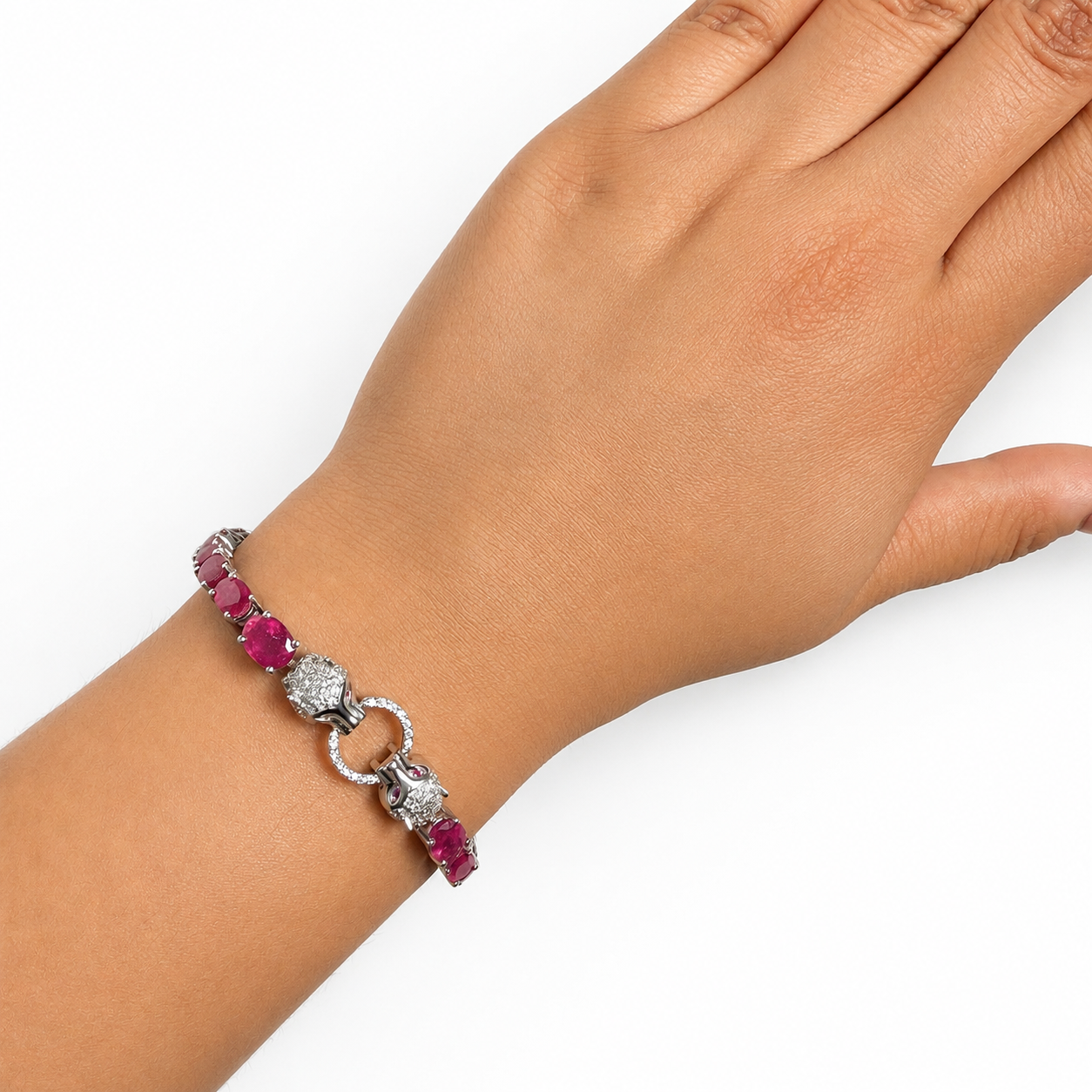 Pulsera Piedras Preciosas Jaguares Encontrados con Rubí y Extensión, Plata .925 con Baño de Rodio
