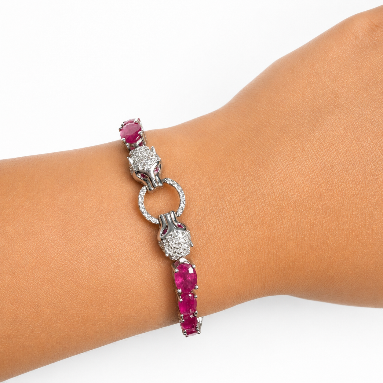 Pulsera Piedras Preciosas Jaguares Encontrados con Rubí y Extensión, Plata .925 con Baño de Rodio