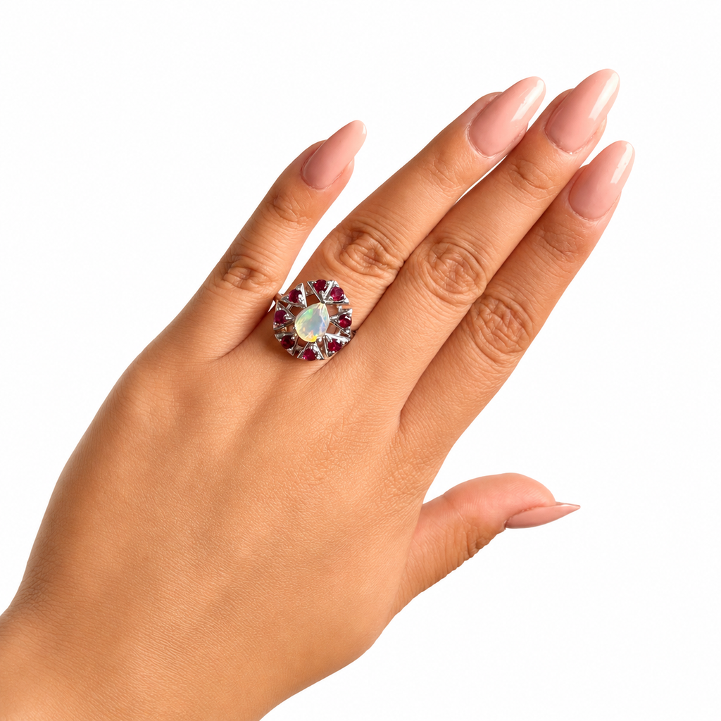 Anillo Piedras Preciosas Ópalo de Etiopía en Gota con Granate, Plata .925 con Baño de Rodio
