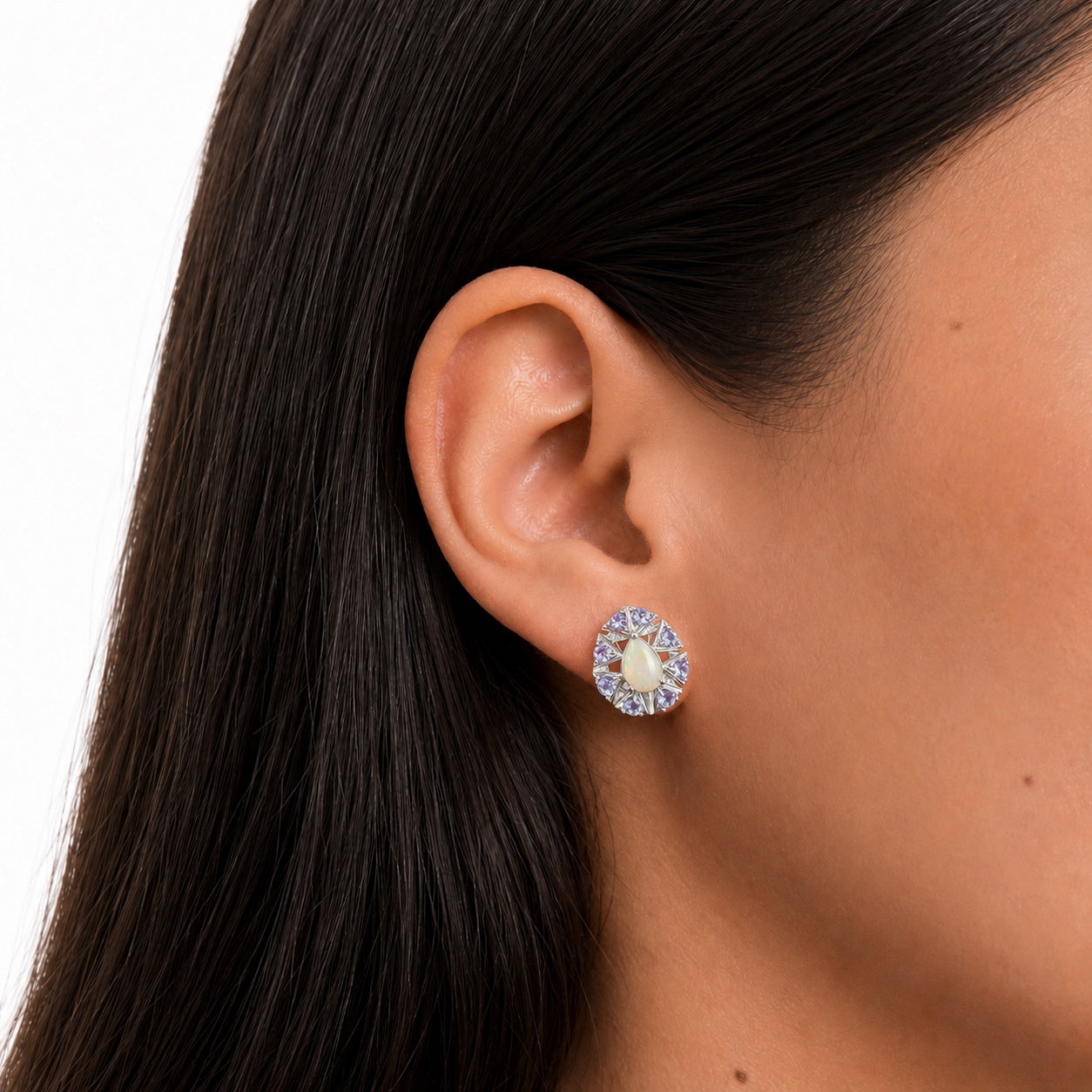 Aretes Piedras Preciosas Ópalo de Etiopía en Gota con Tanzanita y Broche Francés, Plata .925 con Baño de Rodio