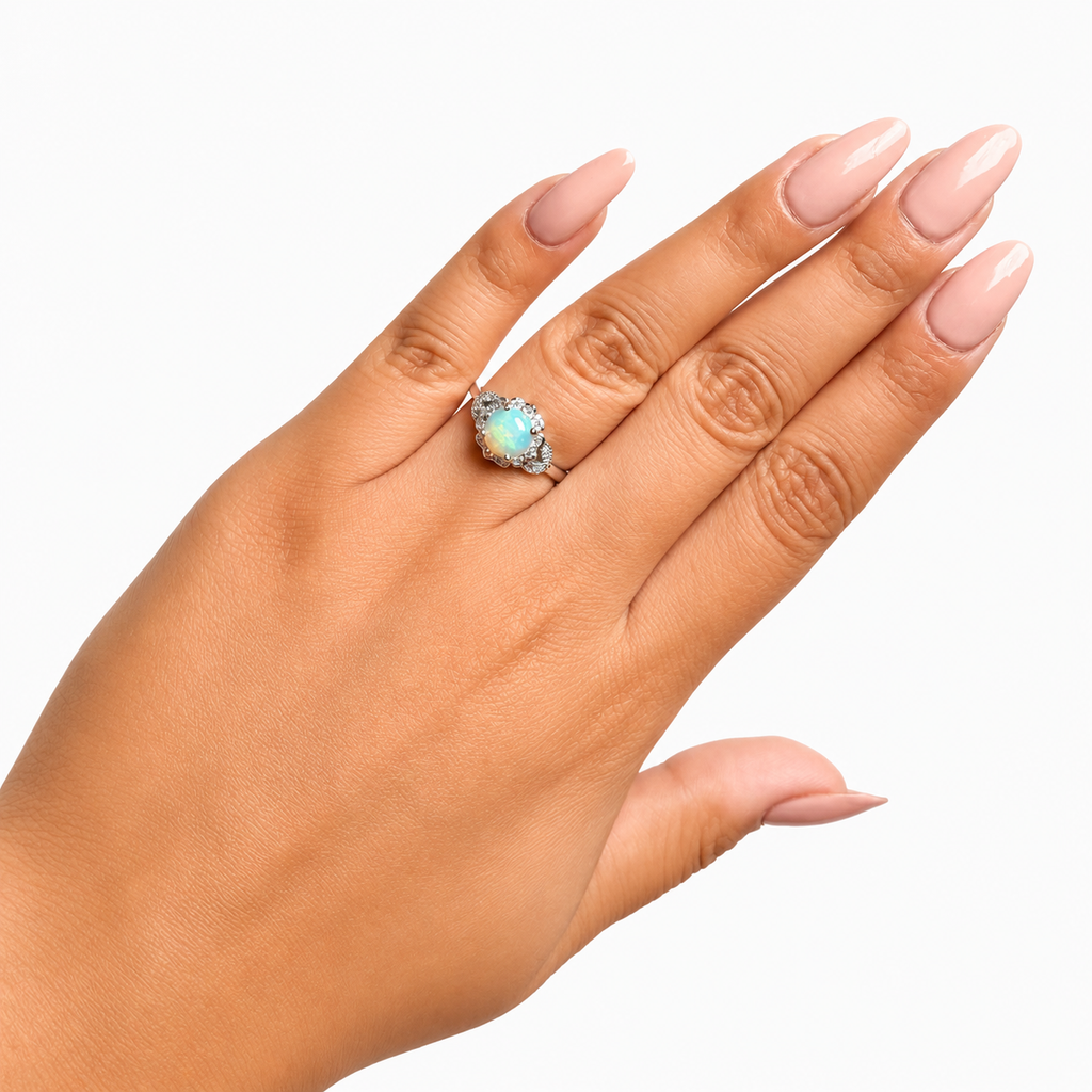 Anillo Piedras Preciosas Flor Ópalo de Etiopía con Circonias, Plata .925 con Baño de Rodio