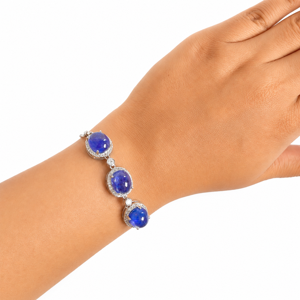 Pulsera Piedras Preciosas 3 Tanzanita Ovaladas con Circonias y Cadena Box, Plata .925 con Baño de Rodio