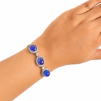 Pulsera Piedras Preciosas 3 Tanzanita Ovaladas con Circonias y Cadena Box, Plata .925 con Baño de Rodio