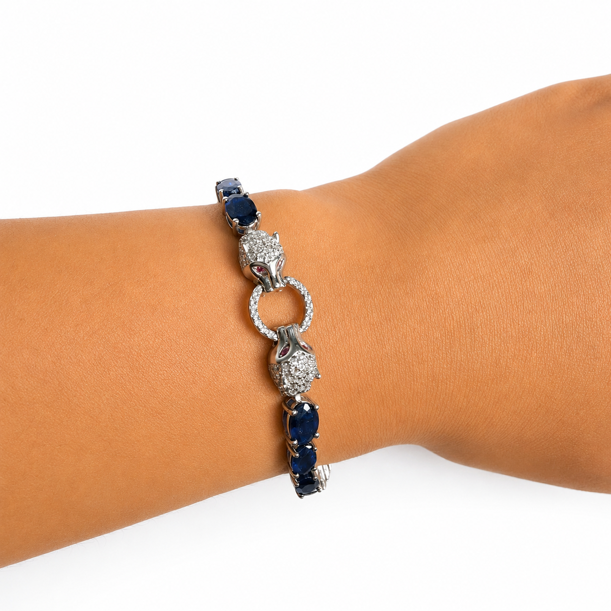 Pulsera Piedras Preciosas Jaguar con Zafiros y Circonias con Extensión, Plata .925 con Baño de Rodio