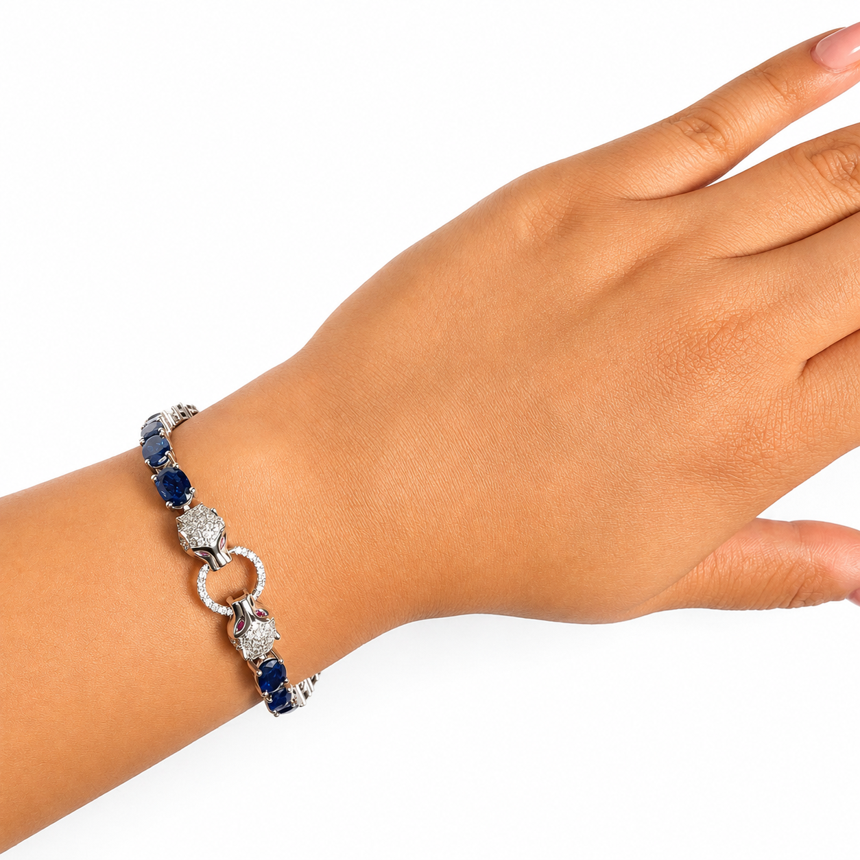 Pulsera Piedras Preciosas Jaguar con Zafiros y Circonias con Extensión, Plata .925 con Baño de Rodio