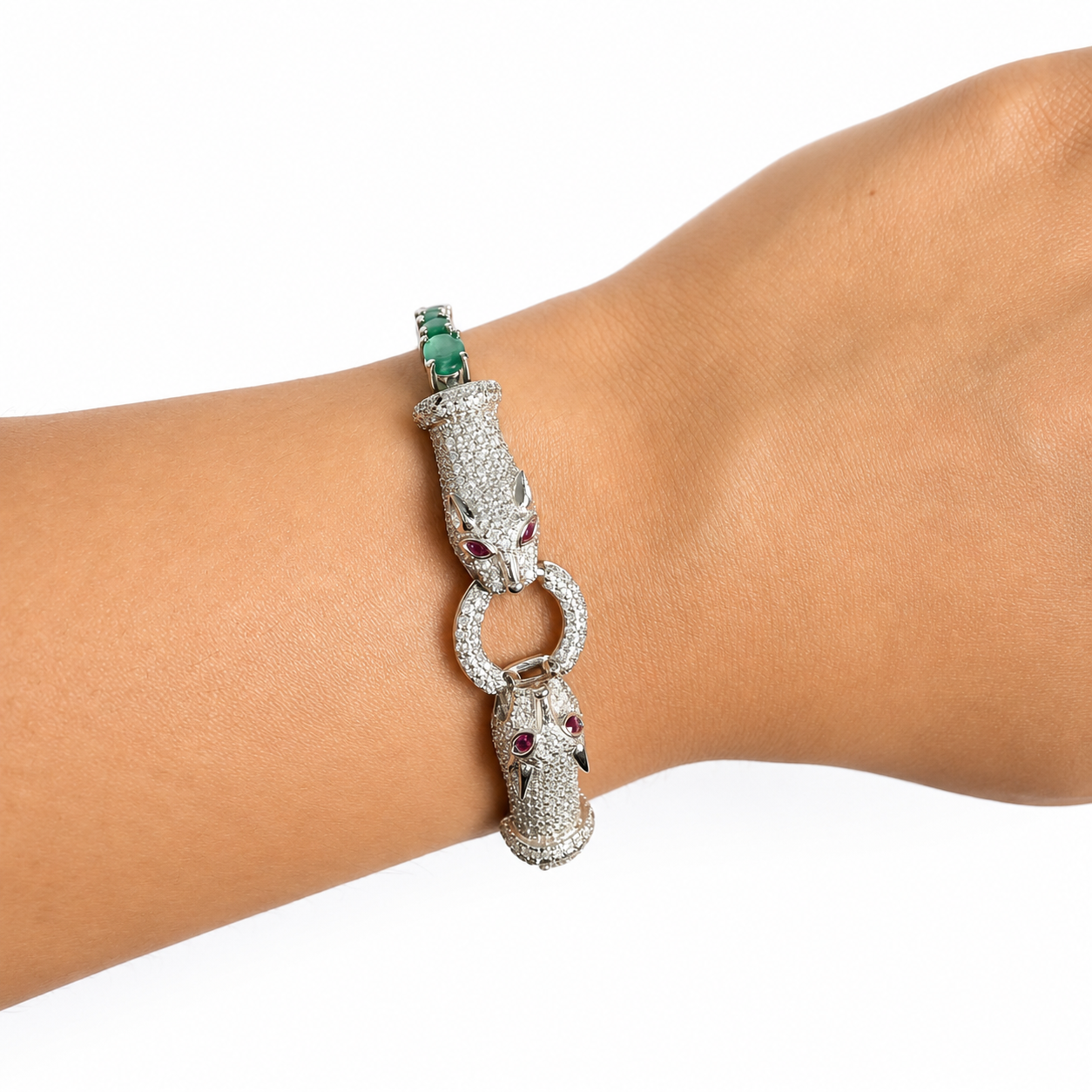 Pulsera Piedras Preciosas Maxi Jaguares Encontrados con Esmeraldas y Circonias con Extensión, 17cm más extensión a 20cm, Plata 925 con Baño de Rodio
