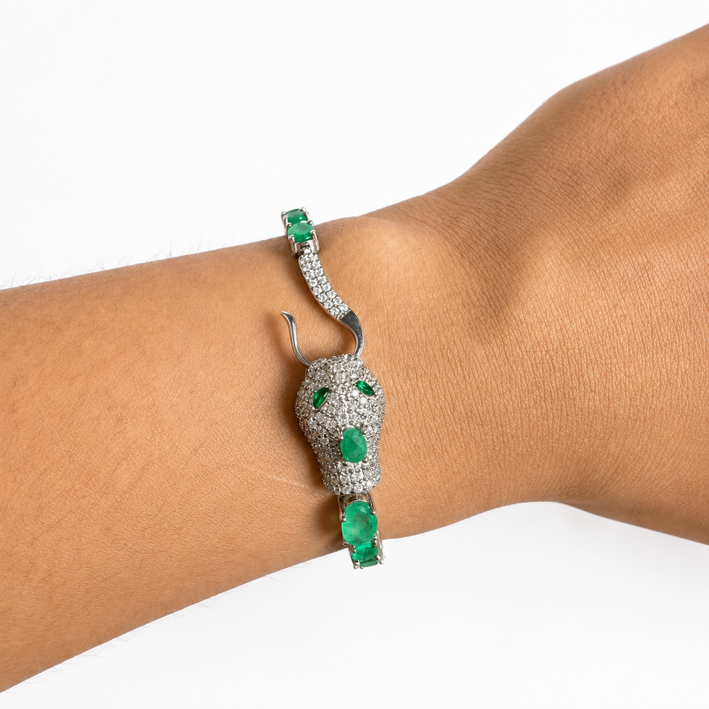 Pulsera Piedras Maxi Serpiente con Esmeraldas y Circonias, Largo 19 cm, Plata .925 con Baño de Rodio