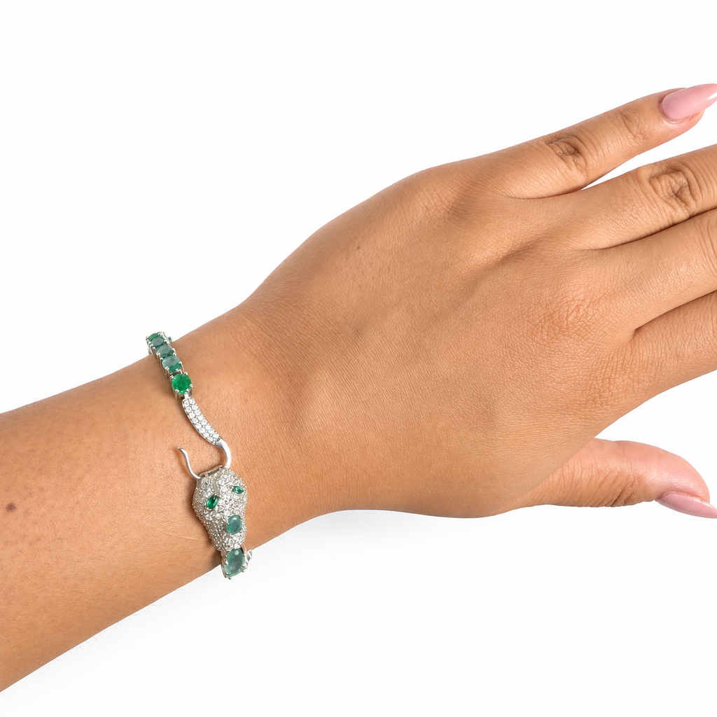 Pulsera Piedras Maxi Serpiente con Esmeraldas y Circonias, Largo 19 cm, Plata .925 con Baño de Rodio