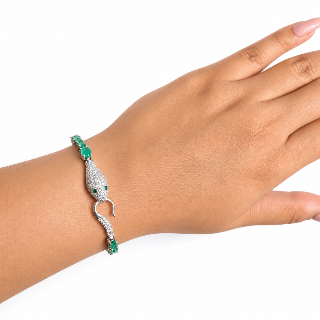 Pulsera Piedras Serpiente con Esmeraldas y Circonias, largo: 19cm Plata .925 con Baño de Rodio