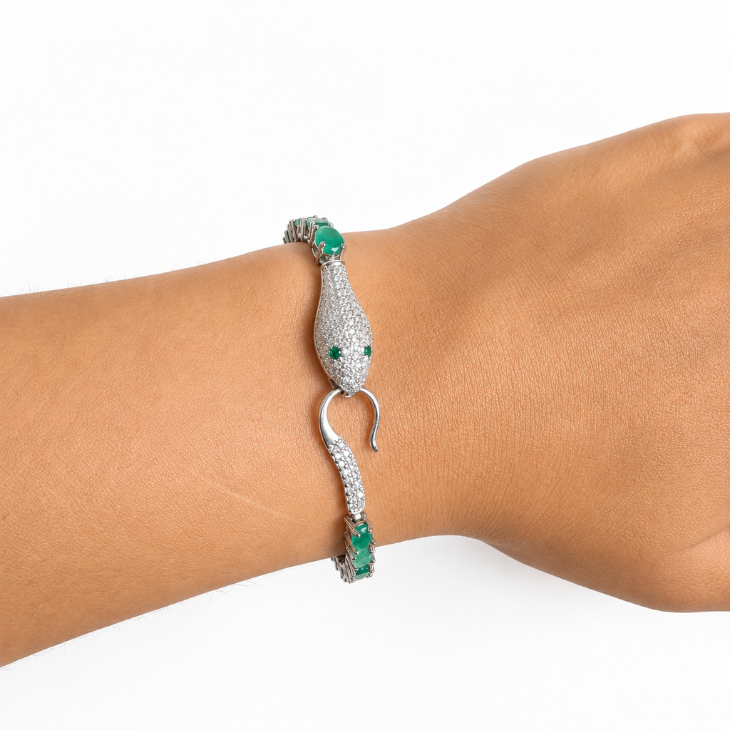 Pulsera Piedras Serpiente con Esmeraldas y Circonias, largo: 19cm Plata .925 con Baño de Rodio