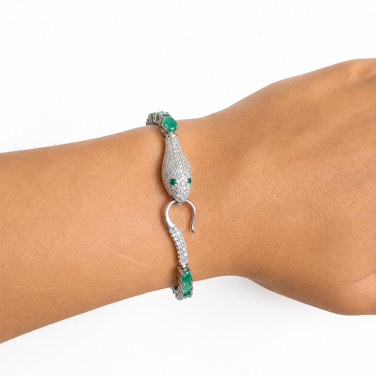 Pulsera Piedras Serpiente con Esmeraldas y Circonias, largo: 19cm Plata .925 con Baño de Rodio