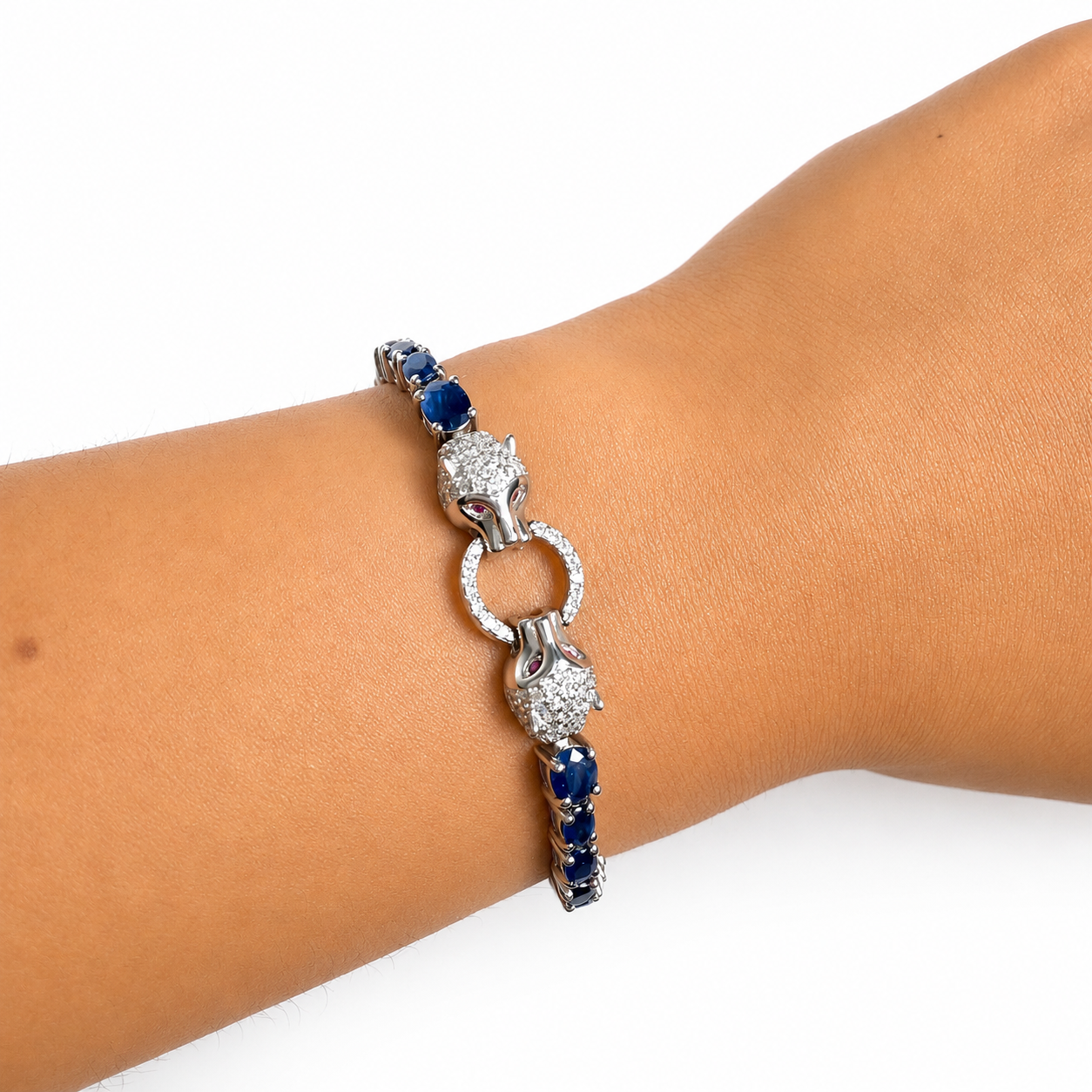 Pulsera Piedra Preciosa Jaguares con Zafiros y Circonias con Extensión, Plata .925 con Baño de Rodio