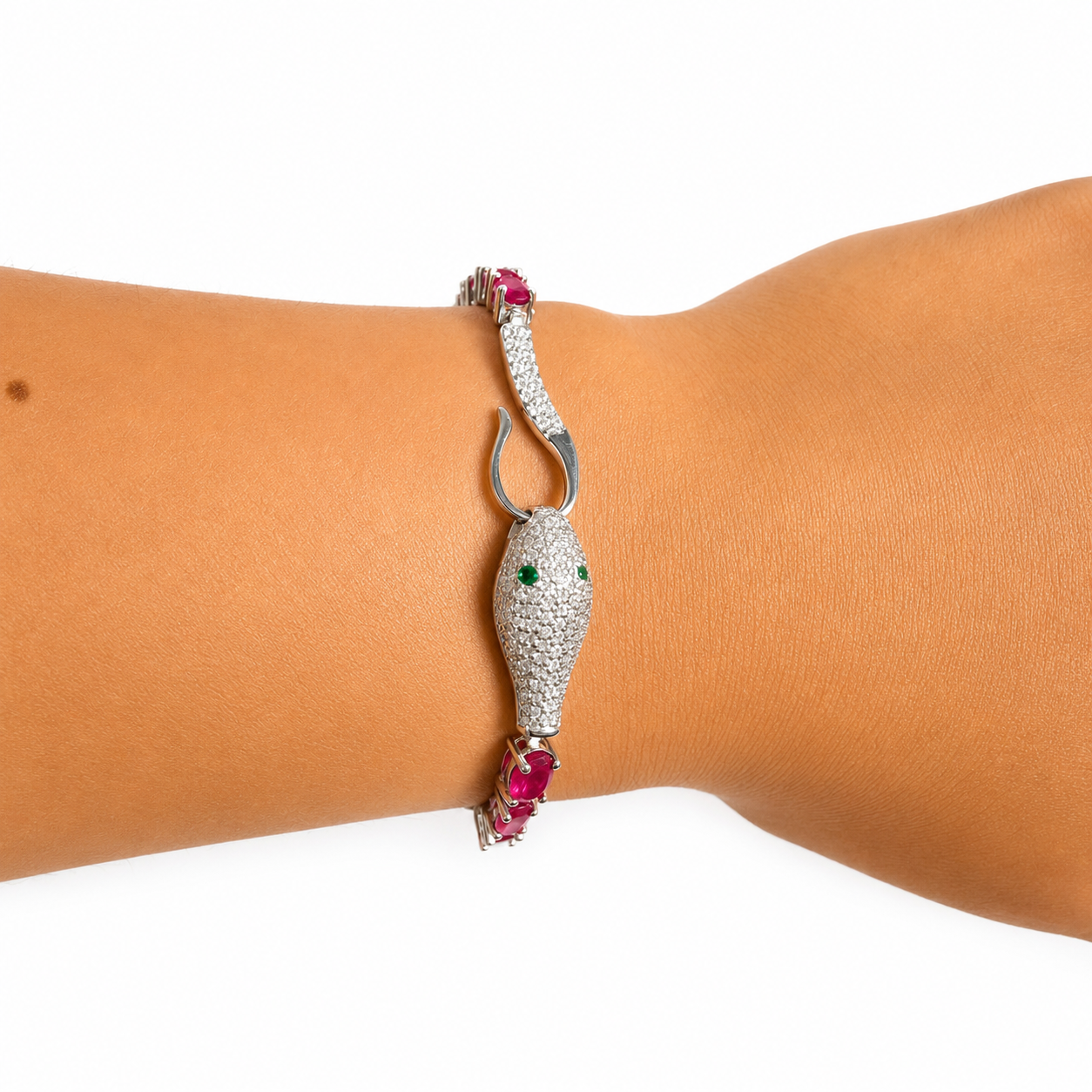 Pulsera Piedra Preciosa Serpiente con Rubí y Circonias, Plata .925 con Baño de Rodio