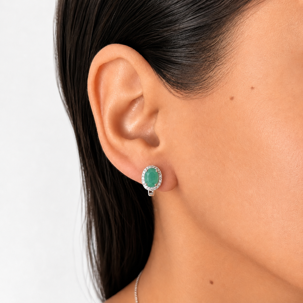Juego Piedra Preciosa Dije y Aretes Ovaladas Esmeralda, Plata .925 con Baño de Rodio