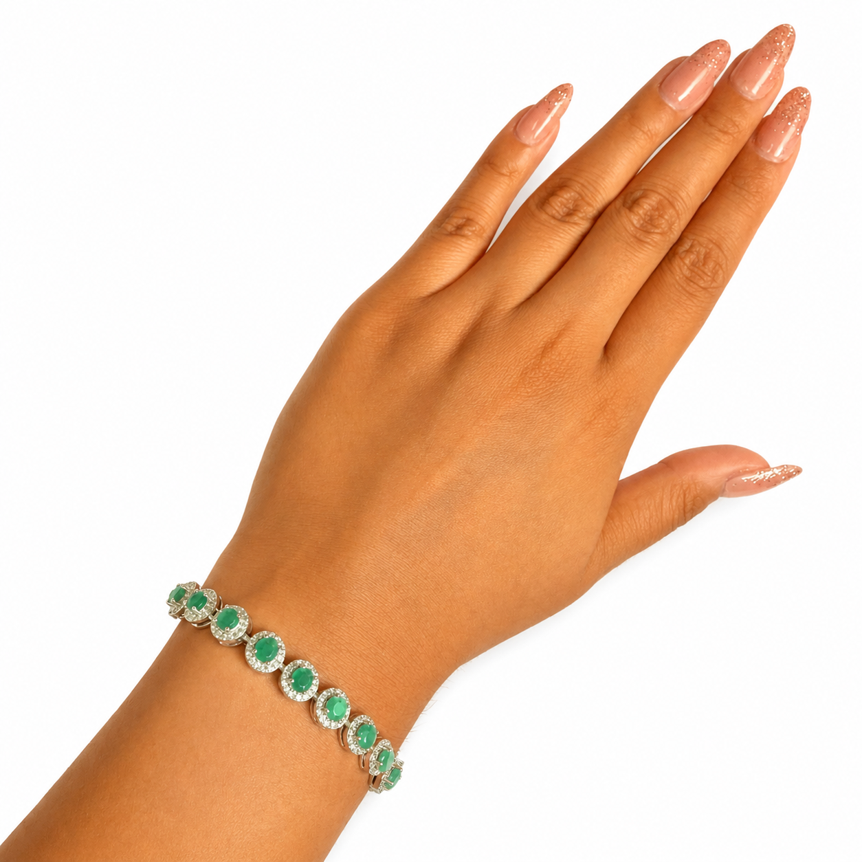 Pulsera Piedra Preciosa Esmeralda con Circonias Plata .925 con Baño de Rodio.