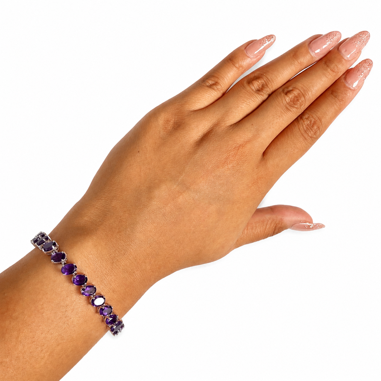 Pulsera Piedra Preciosa Amatista Ovalos ,Plata .925 con Baño de Rodio