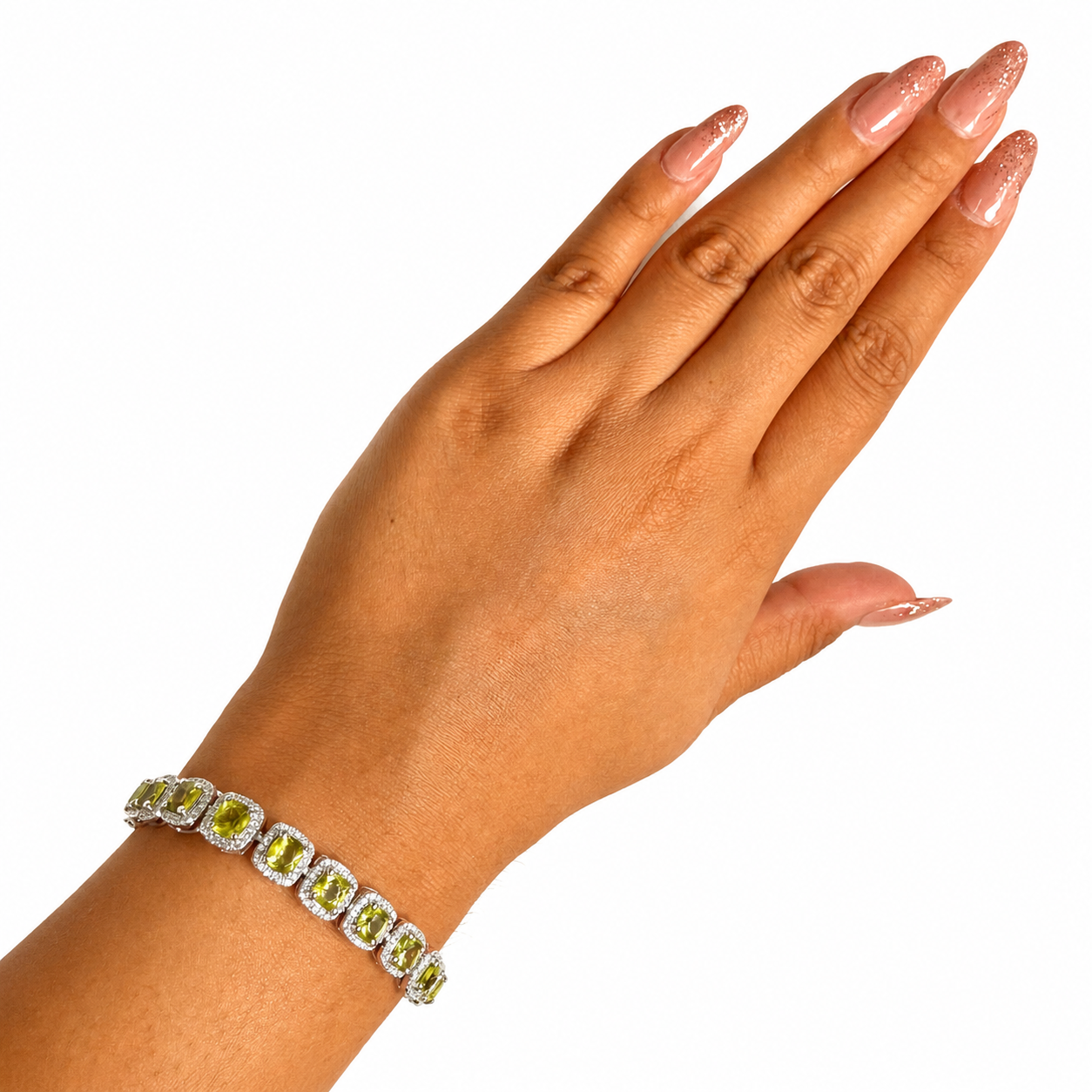 Pulsera Piedra Preciosa Peridoto Cuadrado con Circonias, Plata .925 con Baño de Rodio