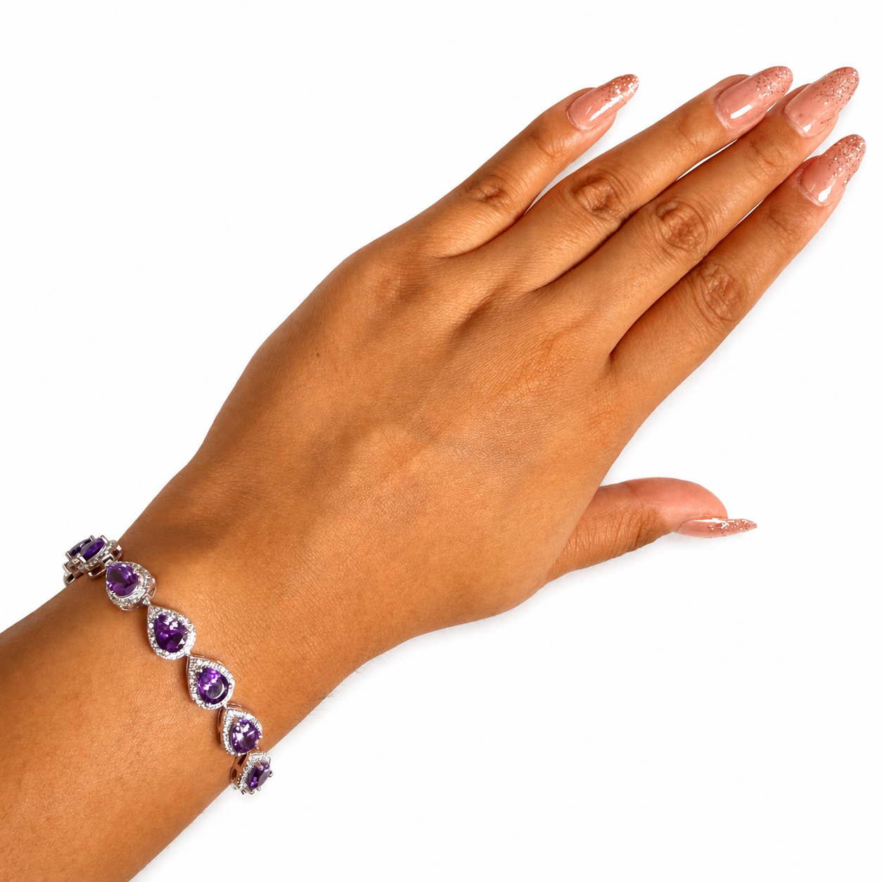 Pulsera Piedra Preciosa Gota Amatista con Circonias Plata .925 con Baño de Rodio