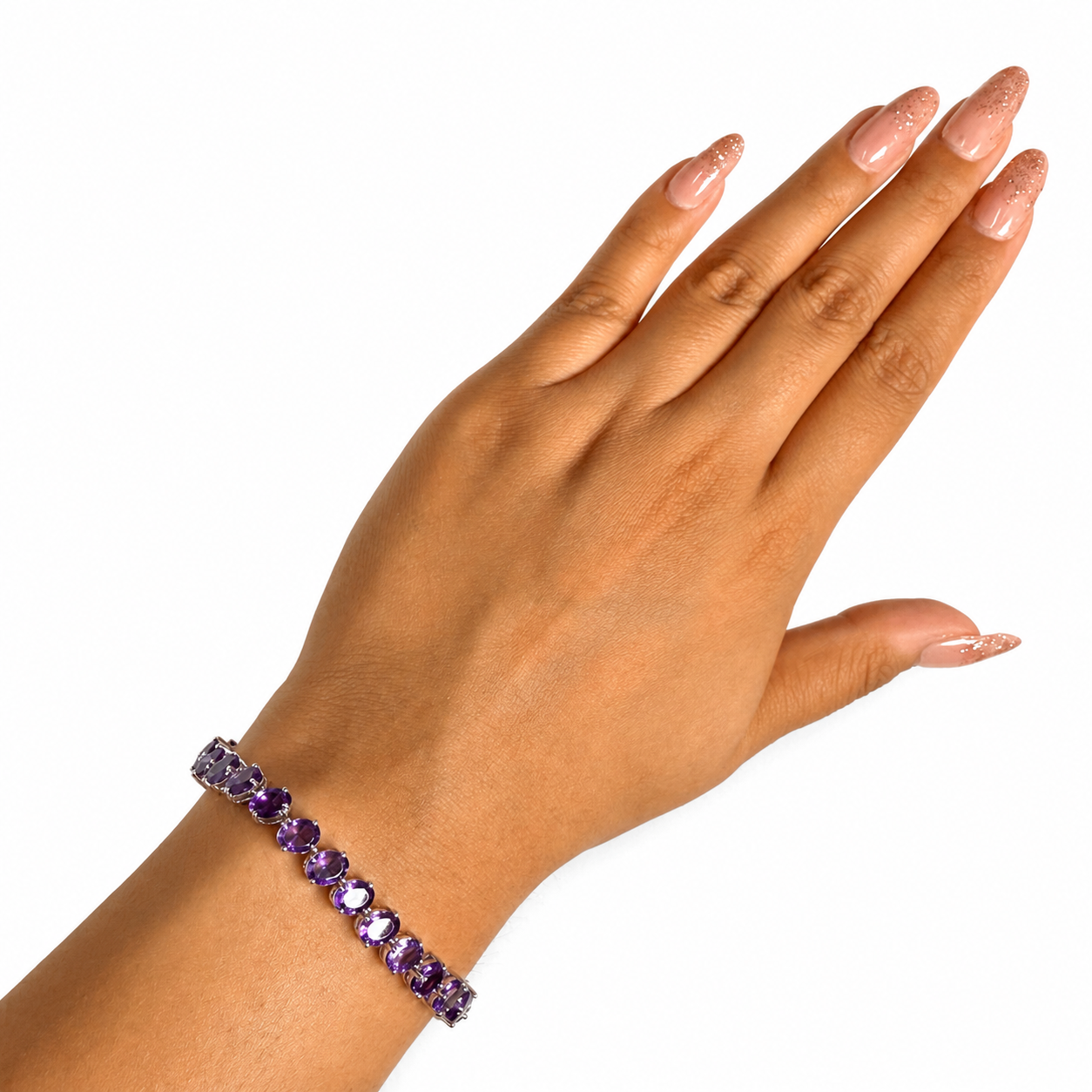 Pulsera Piedra Preciosa Amatista Ovalo con Broche Plata .925 con Baño de Rodio