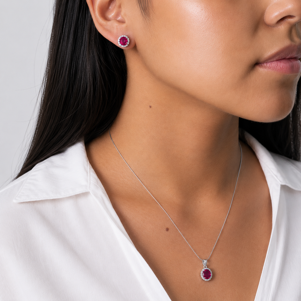 Juego Piedras Preciosas Rubí Aretes y Dije, Plata .925 con Baño de Rodio