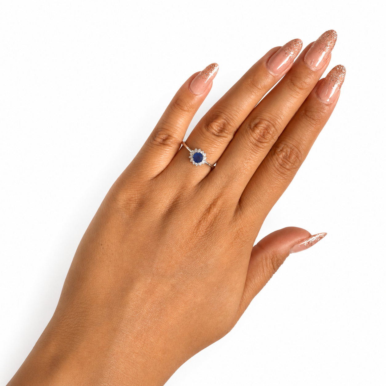 Anillo Piedras Preciosas Flor de Zafiro con Circonias, Plata .925 con Baño de Rodio