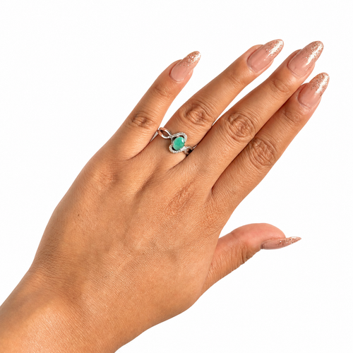 Anillo Piedras Preciosas Esmeralda Entrelazado con Circonias, Plata .925 con Baño de Rodio