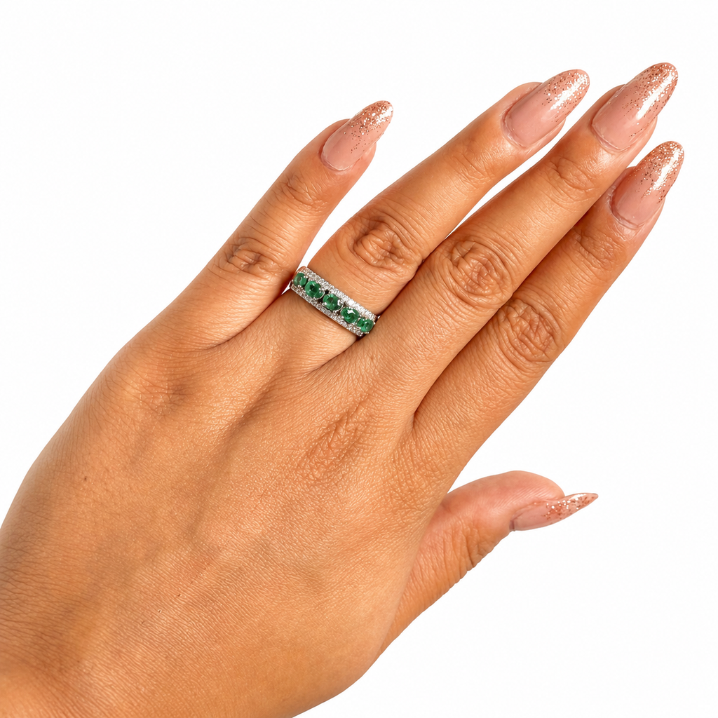 Anillo Churumbela Piedra Preciosa Esmeraldas con Circonias Chicas, Plata .925 con Baño de Rodio