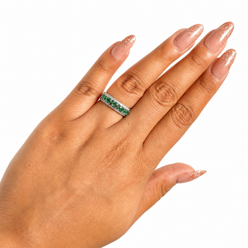 Anillo Churumbela Piedra Preciosa Esmeraldas con Circonias Chicas, Plata .925 con Baño de Rodio