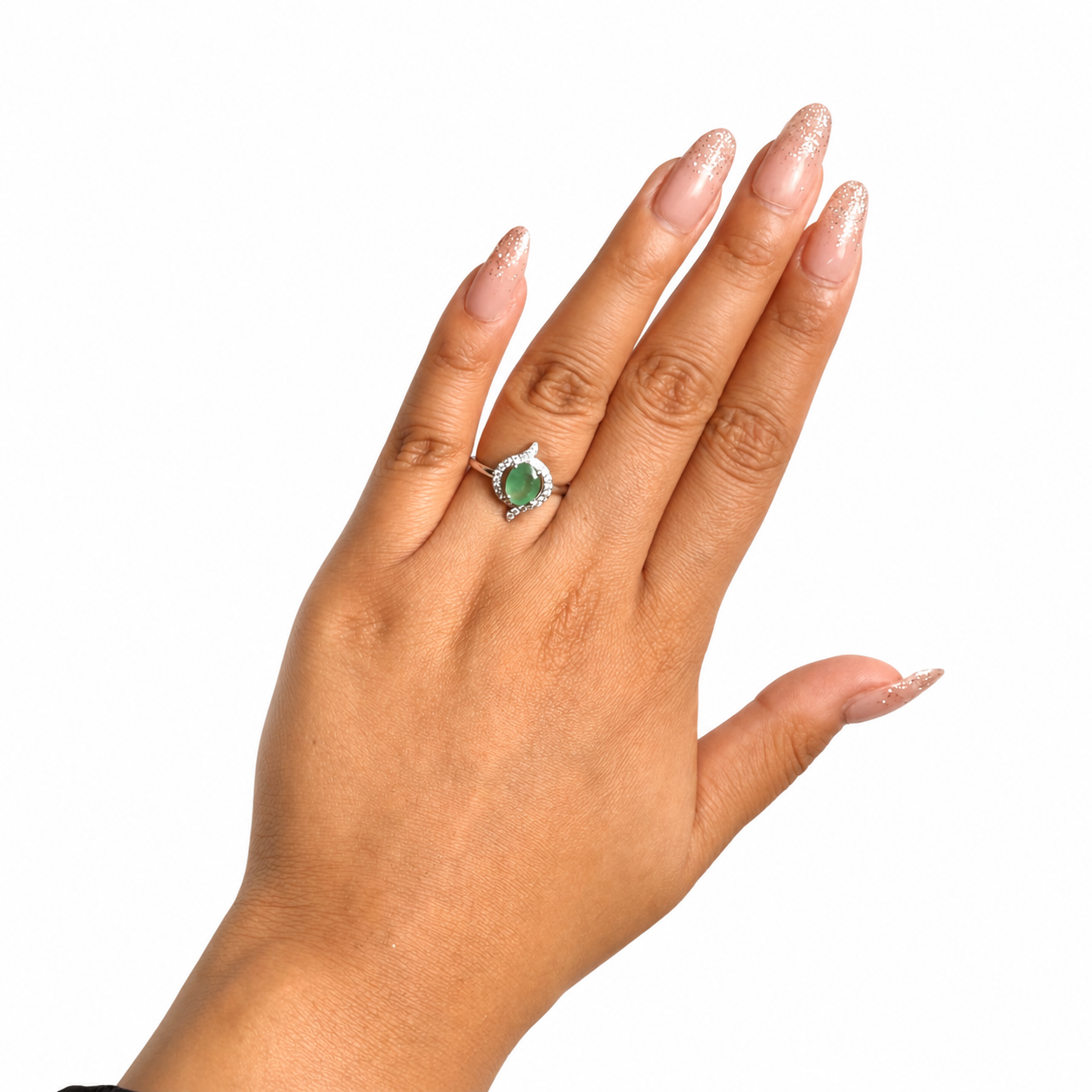 Anillo Piedra Preciosa Esmeralda Ojo con Circonias, Plata .925 con Baño de Rodio