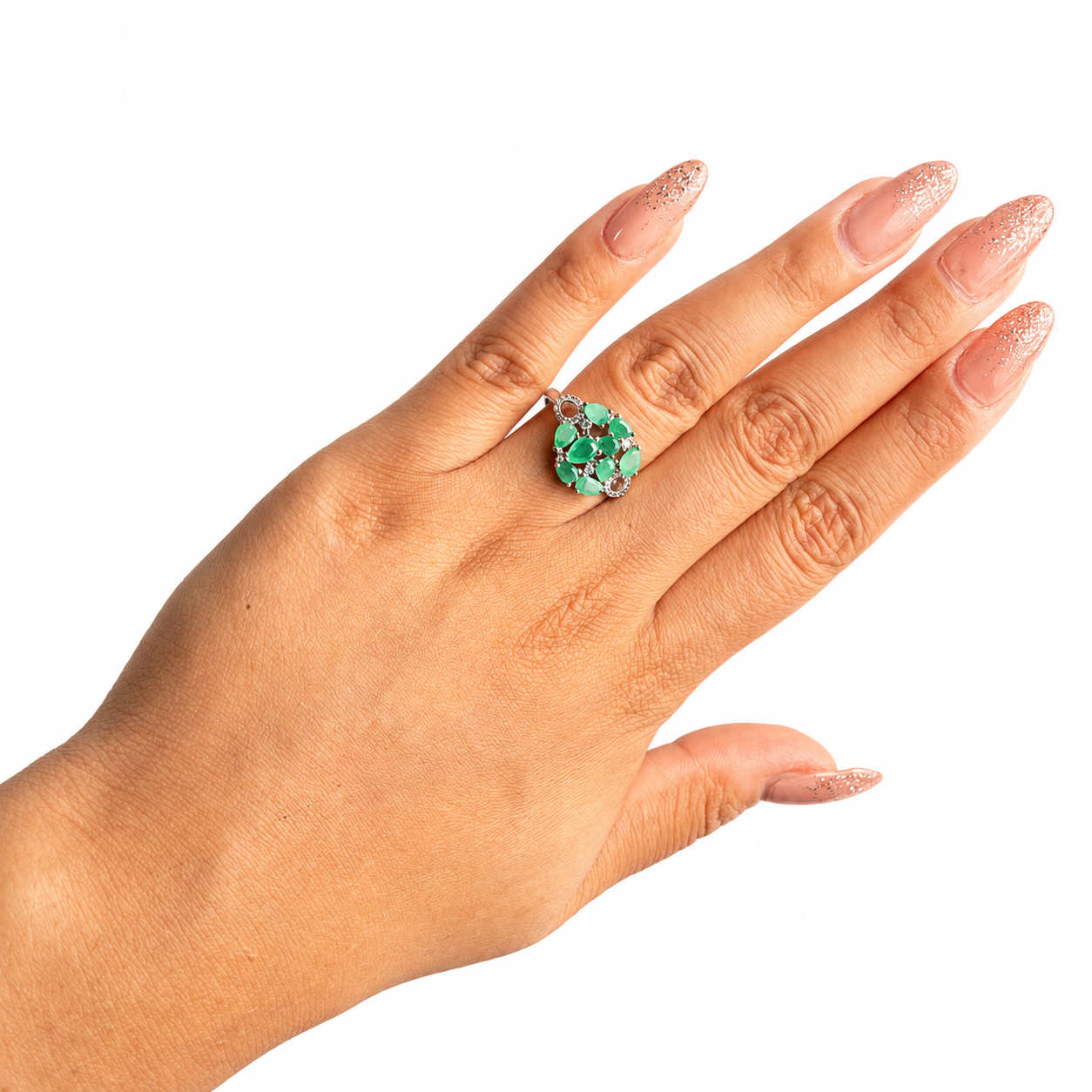 Anillo Piedras Preciosas Circulo de Esmeraldas con Circonias, Plata .925 con Baño de Rodio