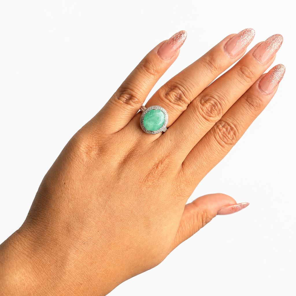 Anillo Piedras Preciosas Esmeralda Brasileña Maxi con Circonias, Plata .925 con Baño de Rodio