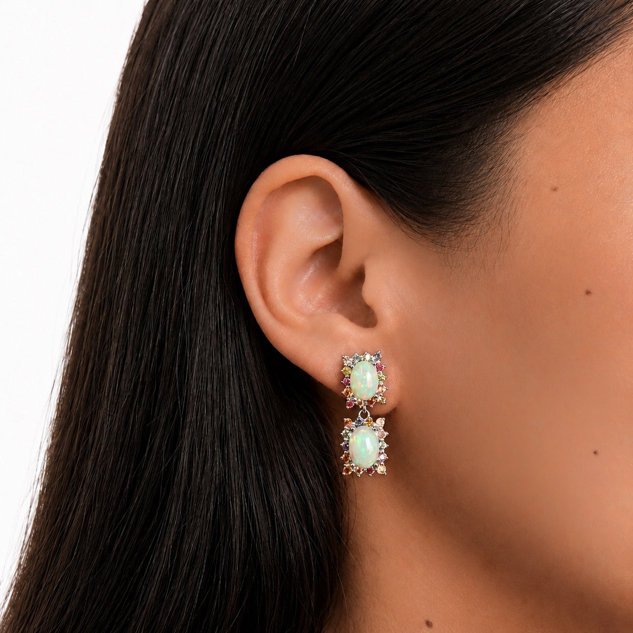 Aretes Piedras Preciosas Doble Ópalo de Etiopía con Citrino, Zafiro y Turmalinas, Plata .925 con Baño de Rodio