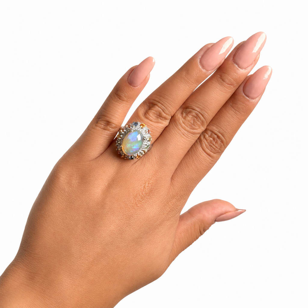 Anillo Piedras Preciosas Ópalo Etiope con Citrino, Turmalinas, Zafiro y Circonias Blancas , Plata .925 con Baño de Rodio