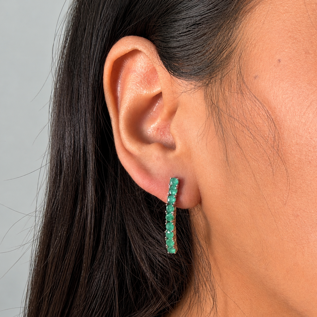 Juego Piedras Preciosas Collar y Aretes Esmeralda, Plata .925 con Baño de Rodio