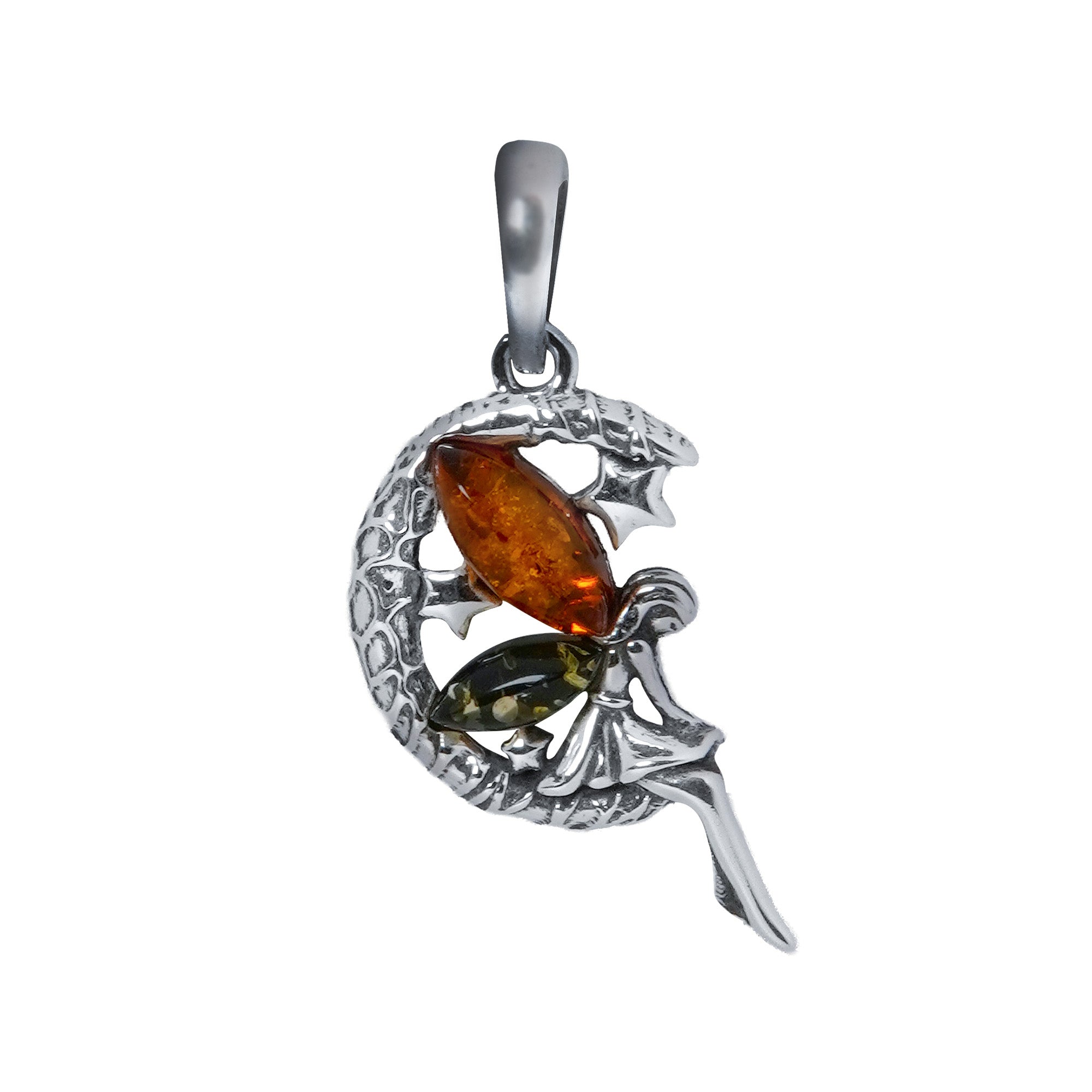 Dije Hada en la Luna 3.1 cm Ambar Polaco Naranja y Verde, Plata .925