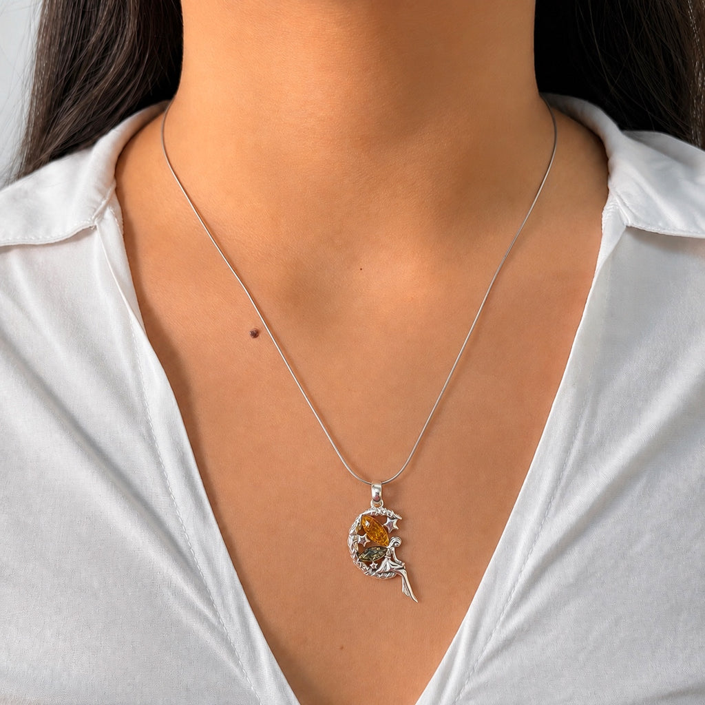 Dije Hada en la Luna 3.1 cm Ambar Polaco Naranja y Verde, Plata .925