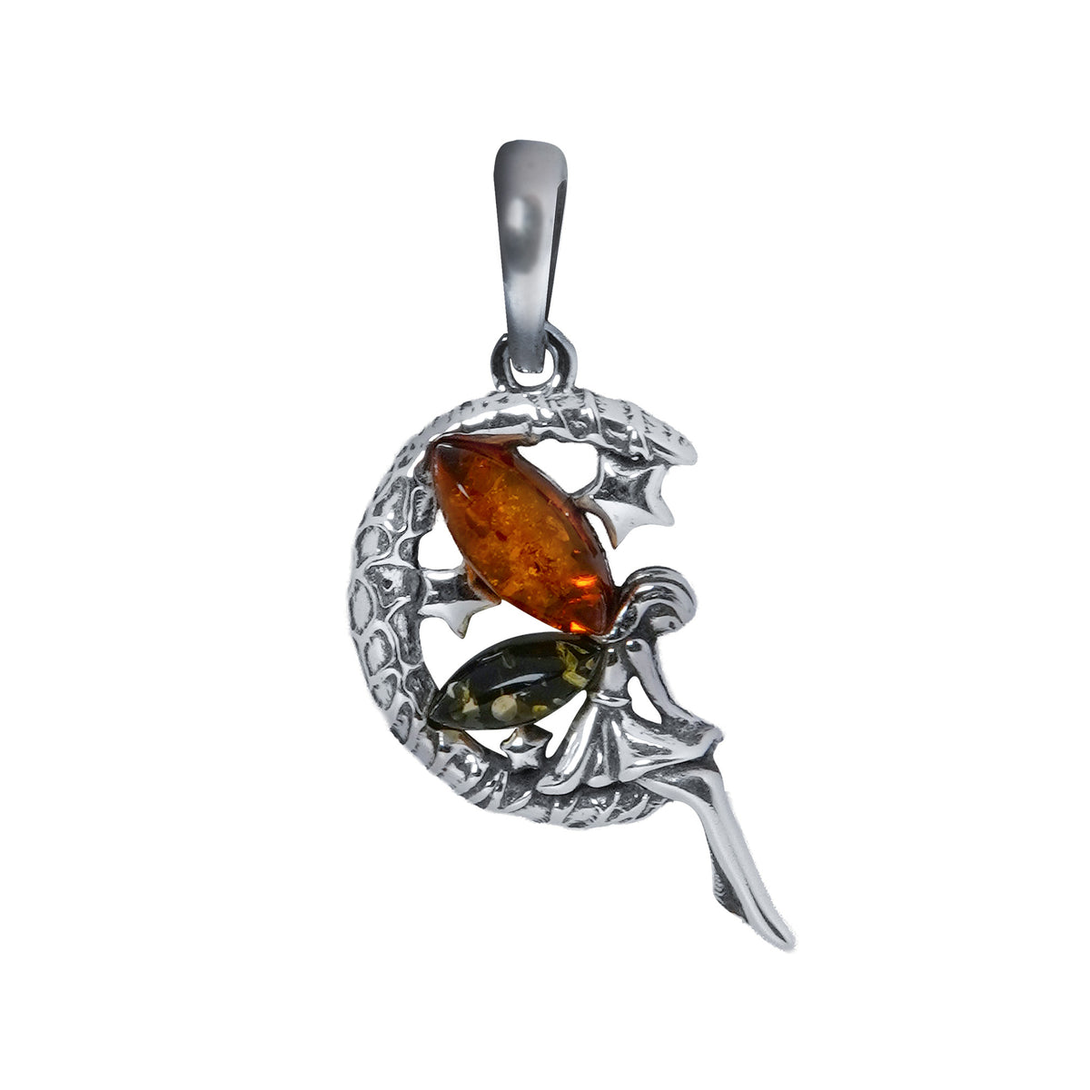 Dije Hada en la Luna 3.1 cm Ambar Polaco Naranja y Verde, Plata .925